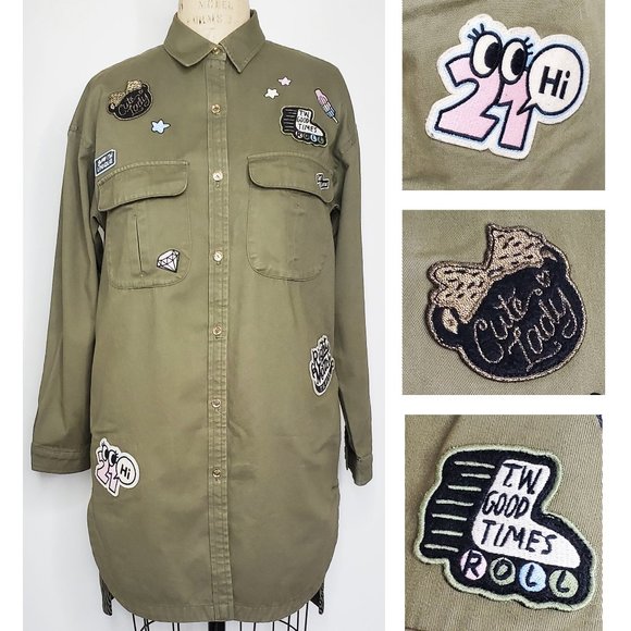 Tennie Weenie Womens Long  Army Jacket Coat Shirt Dress with Patches Kate - Picture 1 of 9